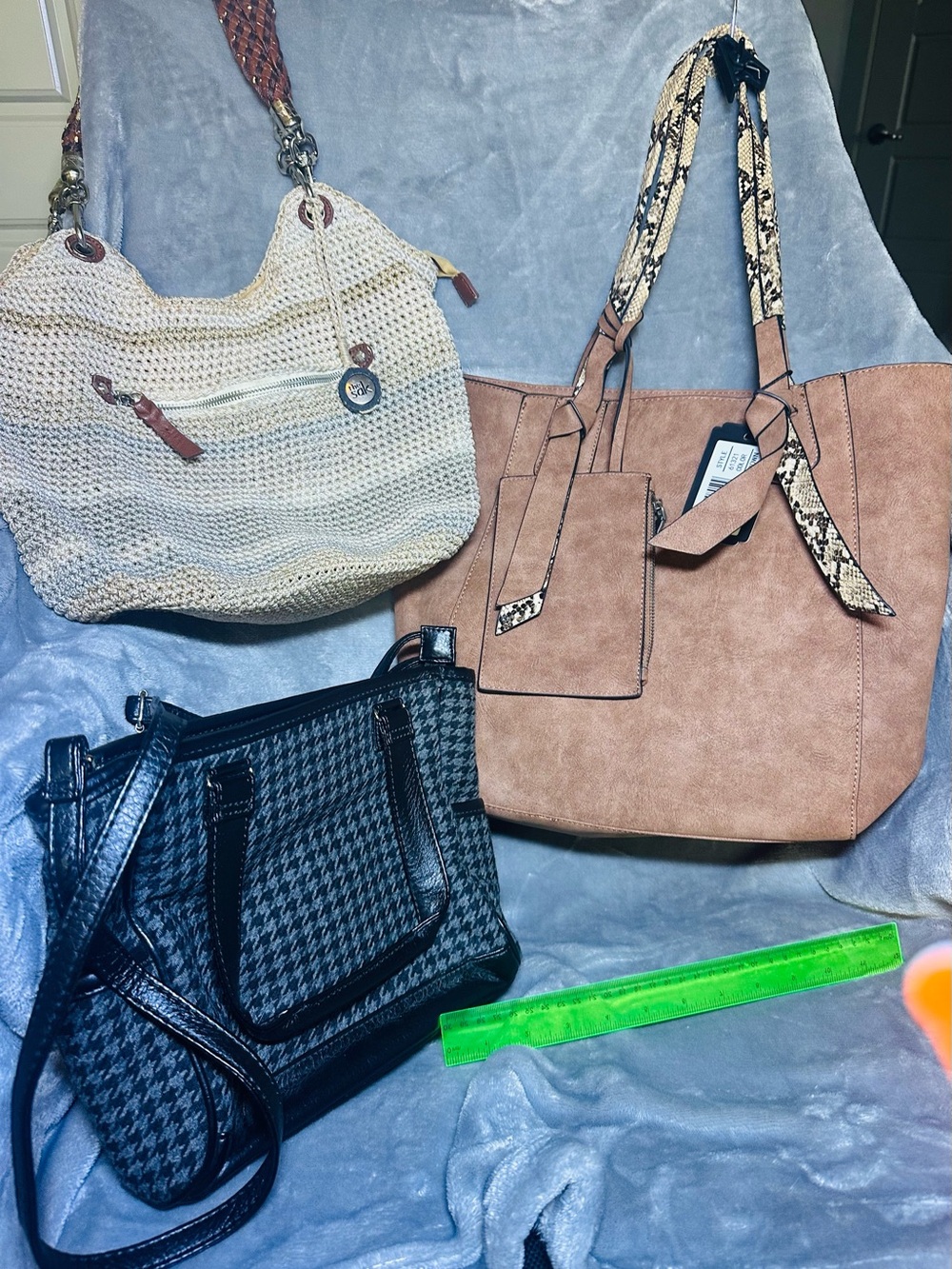 Hey all 3!! Tan Faux-Suede Tote Bag with Snake-Print Trim - see description